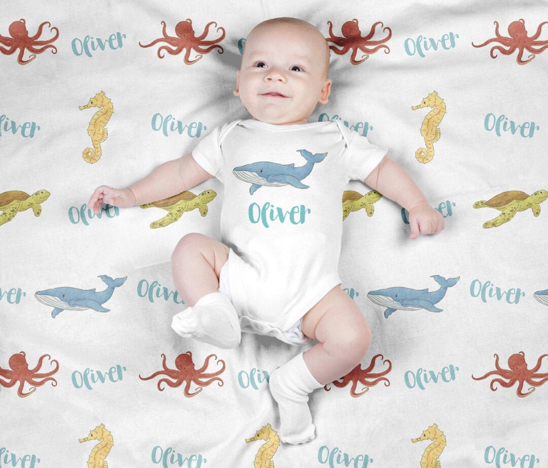 Personalized Baby Blanket, Custom Sea Animal Swaddle Blanket Set ...