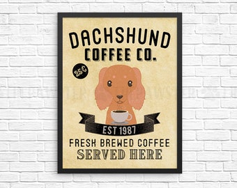 Coffee Wall Decor, Long Haired Dachshund Kitchen Art Print, Doxie Dog Coffee Wall Art, Coffee Shop Sign, Vintage Coffee Bar Decor, Poster