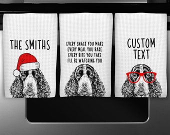 Toalla de cocina de Springer Spaniel Inglés, toalla de cocina navideña, toallas de mano divertidas para perros, toalla de gofre personalizada, regalo de inauguración de la casa personalizado