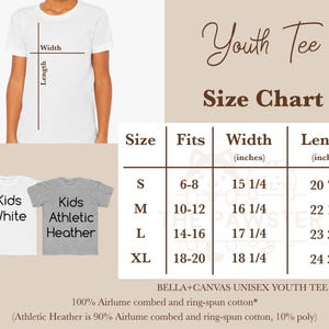 May include: Youth tee size chart with measurements in inches. Sizes range from S to XL, with corresponding fits for ages 6-8 to 18-20. The chart shows the width and length of each size.