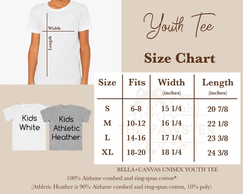 May include: Youth tee size chart with measurements in inches. Sizes range from S to XL, with corresponding fits for ages 6-8 to 18-20. The chart shows the width and length of each size.