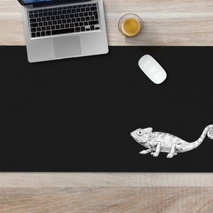Chameleon Large Desk Mat, Reptile Animal Mousepad, Black Desk Pad, Mouse Pad or Keyboard Wrist Rest, Lizard Office Desk Decor Gift