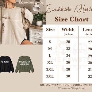 May include: Size chart for sweatshirts and hoodies, showing width and length measurements in inches for sizes S through 3XL. The chart is labeled "Sweatshirts/Hoodies" and "Size Chart".  The chart is on a light brown background with a white border.