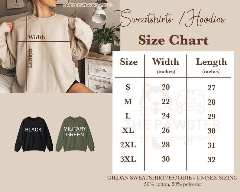 May include: Size chart for sweatshirts and hoodies, showing width and length measurements in inches for sizes S through 3XL. The chart is labeled "Sweatshirts/Hoodies" and "Size Chart".  The chart is on a light brown background with a white border.