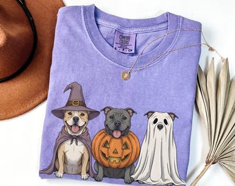 Funny Pit Bull Halloween Shirt, Retro Pumpkin Witch Ghost Pittie Dog Comfort Colors Tshirt, Spooky Pitbull Lover Gift