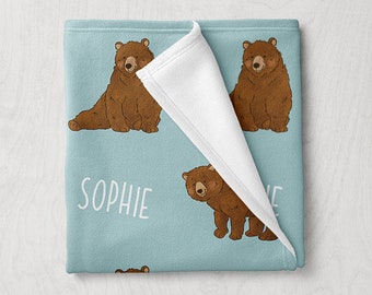 Grizzly bear Blanket, Custom Animal Blanket, Personalized Baby Blanket, Woodland Animal Themed Gifts, Nursery Decor, Baby Girl Boy Blanket