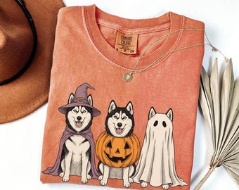Funny Siberian Husky Halloween Shirt, Retro Pumpkin Witch Ghost Huskies Dog Comfort Colors Tshirt, Spooky Dog Lover Gift