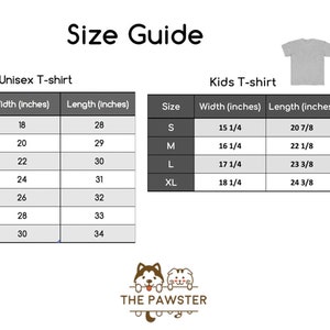 May include: Size guide chart for unisex and kids t-shirts. The chart shows the width and length in inches for each size. The unisex sizes are S, M, L, XL, 2XL, 3XL, and 4XL. The kids sizes are S, M, L, and XL. The chart also shows the corresponding age range for each kids size.
