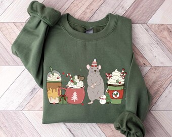 Sweat-shirt de Noël avec des rats, chemise de Noël avec des rats, pull de Noël avec des animaux, amateurs de café, maman rat, cadeaux de Noël pour amoureux des rats