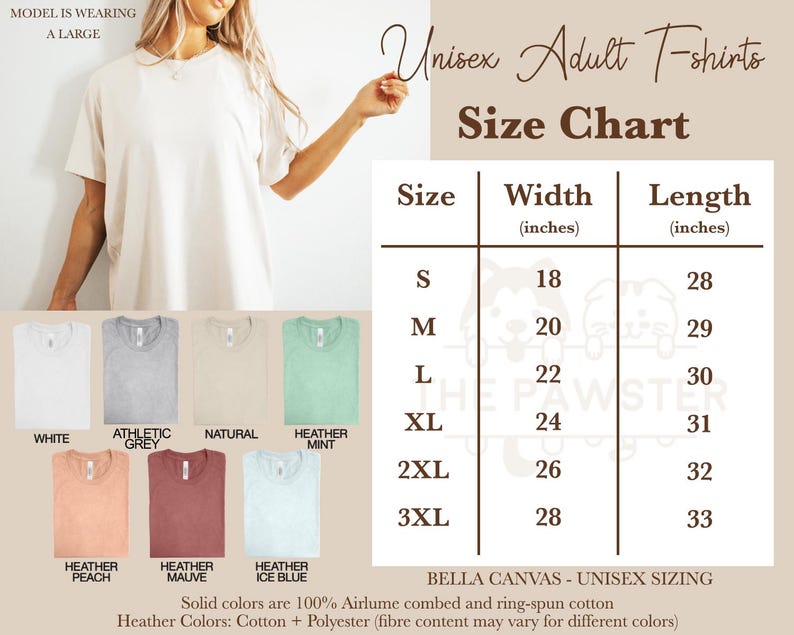 May include: Unisex adult t-shirt size chart with measurements in inches. Sizes include S, M, L, XL, 2XL, and 3XL.  The chart shows the width and length of each size.  The text at the bottom of the chart reads "Bella Canvas - Unisex Sizing. Solid colors are 100% Airlume combed and ring-spun cotton. Heather Colors: Cotton + Polyester (fibre content may vary for different colors)"