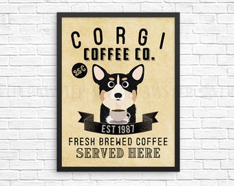 Coffee Wall Decor, Tri Color Corgi Kitchen Art Print, Dog Coffee Wall Art, Coffee Shop Sign, Vintage Coffee Bar Decor, Dog Kitchen Poster