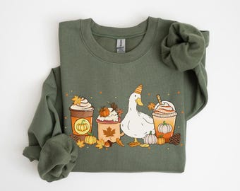 Duck Fall Sweatshirt, Cute Duck Pumpkin Sweater, Pumpkin Spice Coffee Halloween Gifts, Farm Animal Fall Vibes Shirt, Duck Thanksgiving Shirt