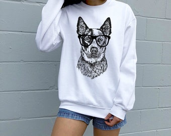 Heeler Sweatshirt, Hipster Australian Cattle Dog Mom Hoodie, Glasses Nerdy Dog Unisex Crewneck Sweatshirts, Sweater, Blue Heeler Mom Gift