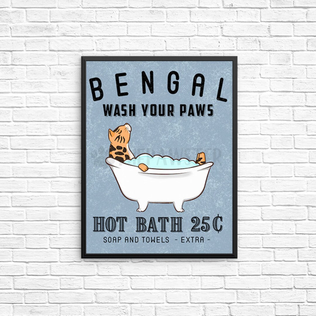 Bengal Cat Bathroom Wall Decor, Wash Your Paws Bathroom Art Print, Cat ...