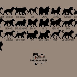May include: A chart of 20 different dog breeds, each represented by a black silhouette. The breeds are listed below each silhouette, including Rhodesian Ridgeback, Rottweiler, Saint Bernard, Saluki, Samoyed, Schipperke, Schnauzer, Scottish Terrier, Shar Pei, Sheepadoodle, Shetland Sheepdog, Shiba Inu, Shih Tzu, Siberian Husky, Staffy, Swissy, Vizsla, Weimaraner, Welsh Terrier, Westie, Wheaten Terrier, Whippet, Wirehaired Griffon, Xolo, and Yorkie. The text "THE PAWSTER" is at the bottom of the chart.