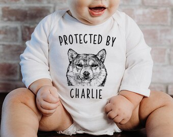 Protected by Dog Baby Bodysuit, Protected by a Shiba Inu Baby Clothes, Dog Baby Shower Gift, Baby Announcement, Toddler Kids Youth T Shirt