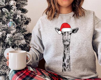 Sweat-shirt de Noël girafe, chemise de Noël père Noël girafe, pull de Noël animal safari, cadeaux de Noël pour amoureux des girafes