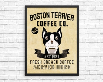 Coffee Wall Decor, Boston Terrier Kitchen Art Print, Dog Coffee Wall Art, Coffee Shop Sign, Vintage Coffee Bar Decor, Dog Kitchen Poster