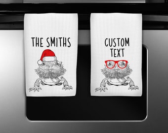 Bearded Dragon Kitchen Towel, Christmas Tea Towel, Funny Animal Hand Towels, Custom Waffle Weave Towel, Personalized Housewarming Gift