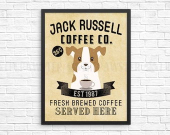 Coffee Wall Decor, Jack Russell Terrier Kitchen Art Print, Dog Coffee Wall Art, Coffee Shop Sign, Vintage Coffee Bar Decor, Kitchen Poster