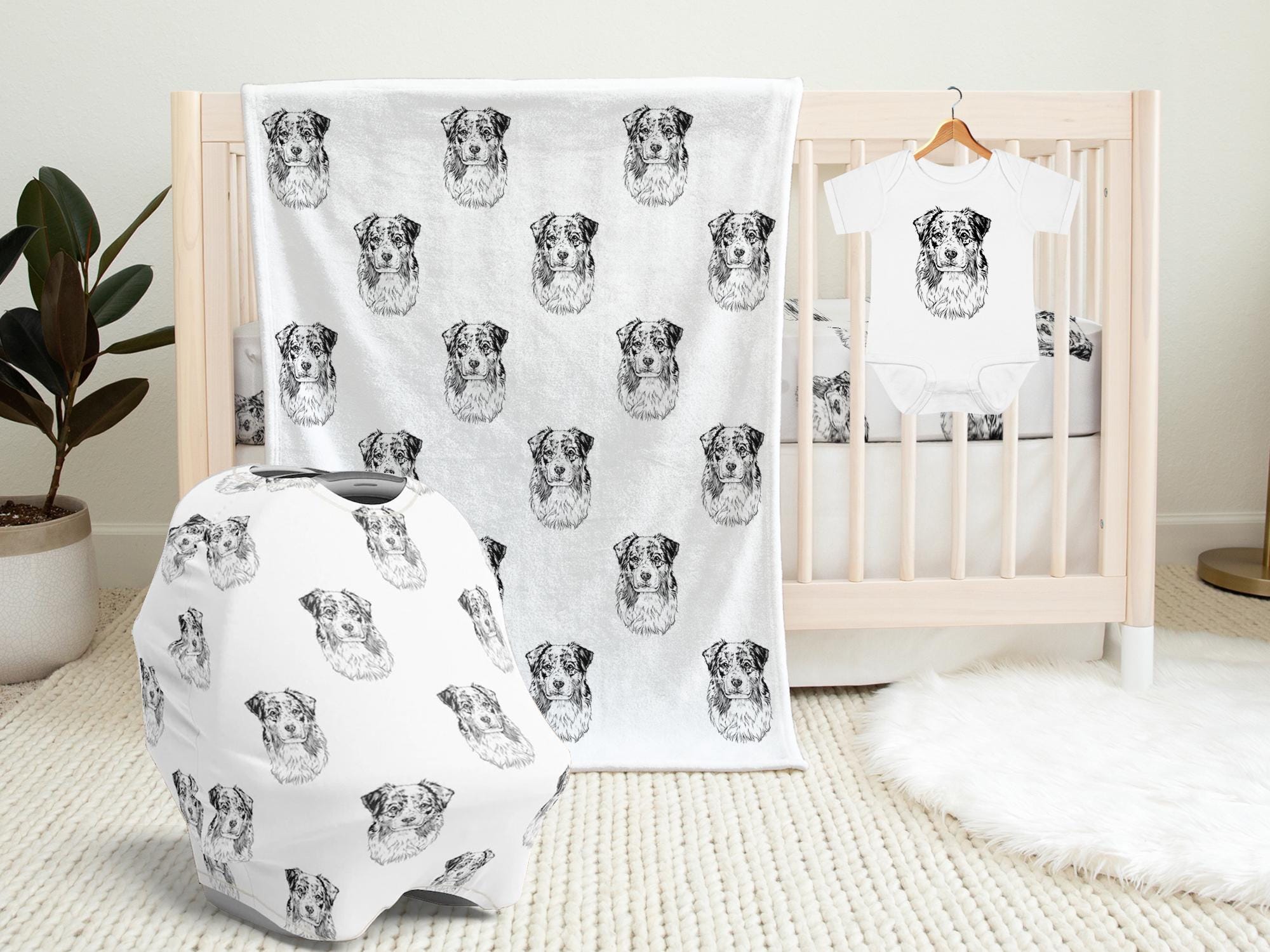 Australian Shepherd Baby Blanket, Aussie Baby Shower Gift, Baby Car Seat Cover, Dog Swaddle Blanket, Crib Sheet, Baby Bib, Baby Knotted Hat