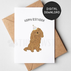 Cartão de aniversário imprimível do cavalier king charles spaniel, cartão de feliz aniversário do pai do cachorro, presente da mãe rubi cavalier cavie