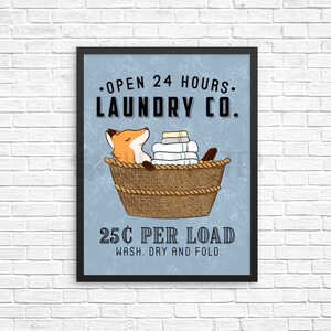 Fox Laundry Sign, Animal Laundry Room Decor, Foxy Wash Dry Fold Wall Art Print, Farmhouse Sign, Vintage Poster Laundry Co Wall Decor