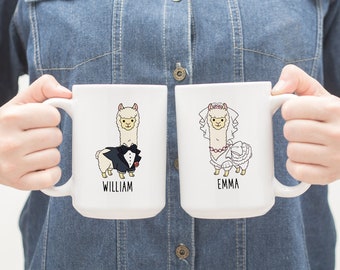 Personalized Bride and Groom llama Mugs, Custom Name Coffee Mug, llama Couple Mug, Newly Wed Mug, Valentine Engagement Gift Wedding Gift