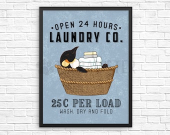 Penguin Laundry Sign, Animal Laundry Room Decor, Wash Dry Fold Wall Art Print, Farmhouse Sign, Vintage Poster Laundry Co Wall Decor