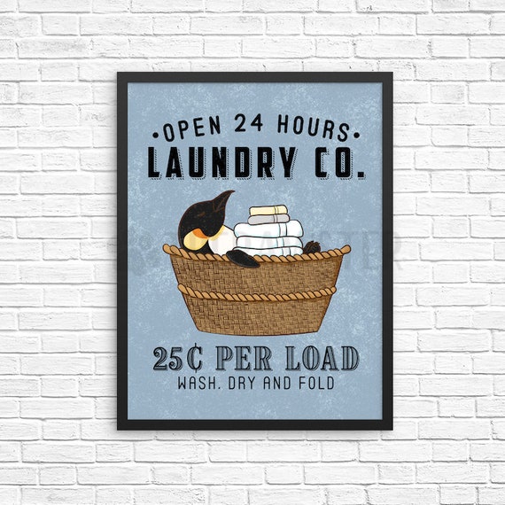 Penguin Laundry Sign, Animal Laundry Room Decor, Wash Dry Fold