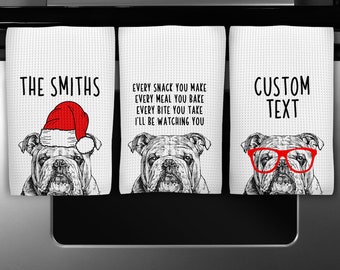 English Bulldog Kitchen Towel, Christmas Tea Towel, Funny Dog Hand Towels, Custom Waffle Weave Towel, Personalized Housewarming Gift