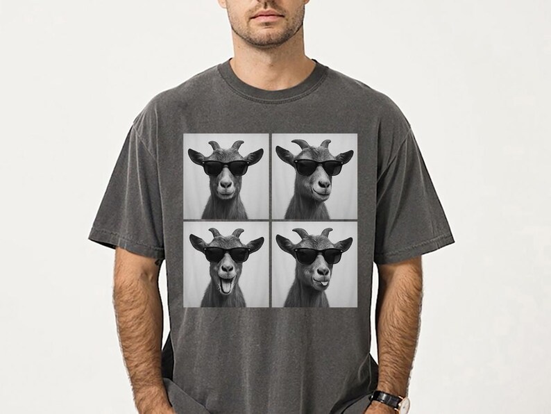 Funny and Cute Comfort Colors shirt for Goat and Photobooth Farm animal lovers! This Goat wearing sunglasses in photo booth art tshirt or sweatshirt is a perfect gift for Goat mom and Farmhouse Farm Animal Lover.