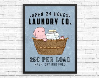 Pig Laundry Sign, Farm Animal Laundry Room Decor, Wash Dry Fold Wall Art Print, Farmhouse Sign, Vintage Poster Laundry Co Wall Decor