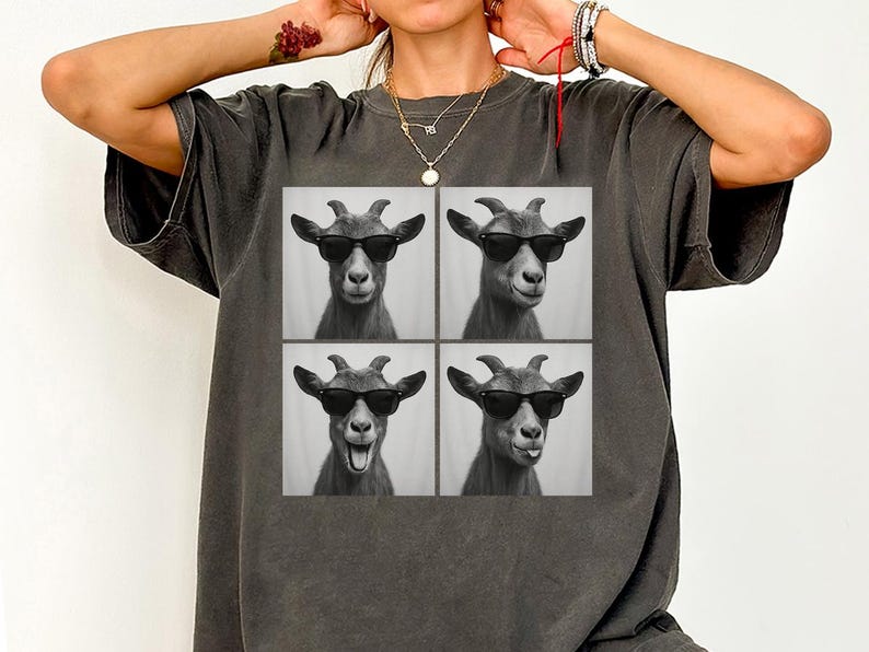 Funny and Cute Comfort Colors shirt for Goat and Photobooth Farm animal lovers! This Goat wearing sunglasses in photo booth art tshirt or sweatshirt is a perfect gift for Goat mom and Farmhouse Farm Animal Lover.