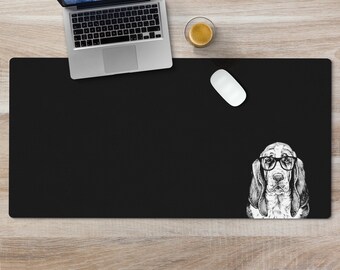 Basset Hound Large Desk Mat, Dog Mousepad, Black Desk Pad, Mouse Pad or Keyboard Wrist Rest, Basset Hound Mom Office Desk Decor Gift