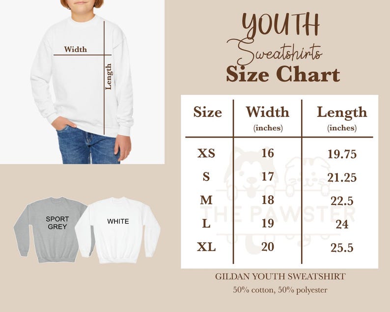 May include: Youth sweatshirt size chart with measurements in inches. The chart shows sizes XS through XL with corresponding width and length measurements. The chart is labeled "Youth Sweatshirts Size Chart".