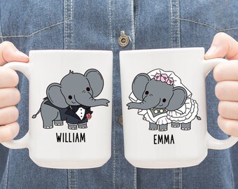 Personalized Bride and Groom Mugs, Custom Elephant Mug, Elephant Lover Newlywed Gift, Engagement Gifts for Couple, Wedding Gift