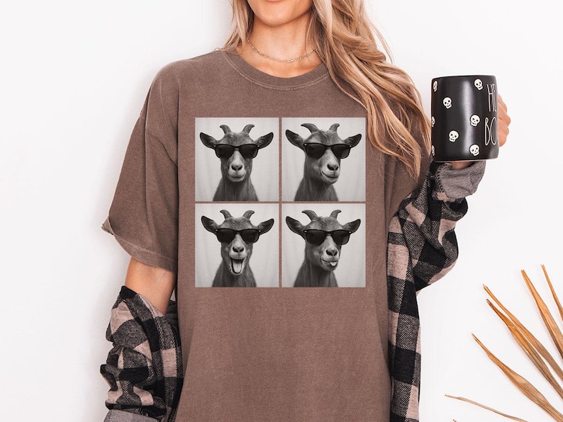 Funny and Cute Comfort Colors shirt for Goat and Photobooth Farm animal lovers! This Goat wearing sunglasses in photo booth art tshirt or sweatshirt is a perfect gift for Goat mom and Farmhouse Farm Animal Lover.