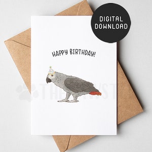 Carte d’anniversaire de perroquet gris africain imprimable, carte de joyeux anniversaire de perroquet, cartes d’anniversaire mignonnes pour les amoureux des oiseaux, cadeau de maman gris africain Congo