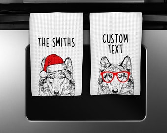 Wolf Kitchen Towel, Christmas Tea Towel, Funny Animal Hand Towels, Custom Waffle Weave Towel, Wolf Personalized Housewarming Gift