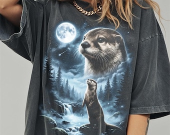 Camiseta de nutria marina aullando a la luna, divertida camiseta de Halloween con colores que brindan comodidad a los animales, regalos