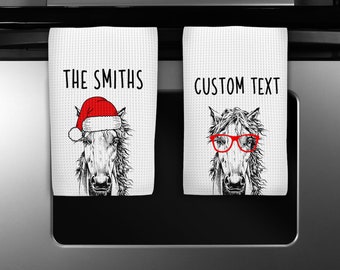 Horse Kitchen Towel, Christmas Farmhouse Tea Towel, Funny Farm Animal Hand Towels, Custom Waffle Towel, Personalized Housewarming Gift