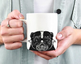 Taza de mofeta, tazas de café con animales, taza de mofeta hipster nerd de 473 ml y 328 ml, taza de regalo para amantes de las mofetas, vaso de vidrio