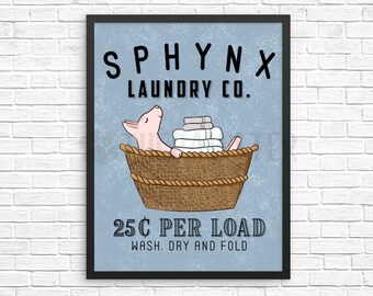 Sphynx Cat Laundry Sign, Cat Laundry Room Decor, Wash Dry Fold Wall Art Print, Farmhouse Sign, Vintage Poster Laundry Co Wall Decor