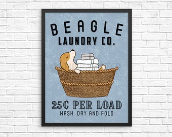 Beagle Dog Laundry Wall Decor, Wash Dry Fold Laundry Art Print, Dog Wall Art, Laundry Room Sign, Vintage Poster Laundry Room Decor