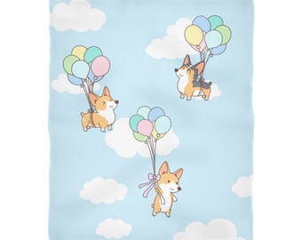 Balloon Cloud Corgi Fleece Blanket, Baby Blanket, Dog Throw Blanket, Dog Lovers Gift, Corgi Gifts, Corgi Blanket