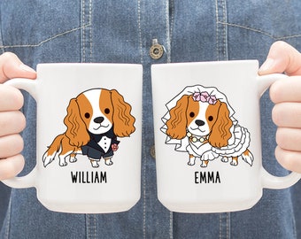 Personalized Bride and Groom Mugs, Custom Cavalier King Charles Spaniel Dog Mug, Newlywed Gift, Engagement Gifts for Couple, Wedding Gift