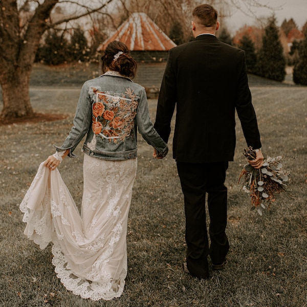 Floral Bridal Wedding Jacket. Custom Denim Bridal Jacket. Matching Bouquet Wedding Accessories. Hand Sewn