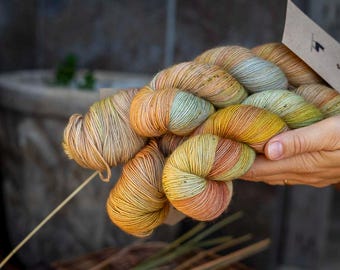 May include: A skein of hand-dyed yarn featuring a variegated color palette of soft orange, muted yellow, sage green, and earthy brown tones. The yarn is twisted into a bundle and includes a small, rectangular beige paper tag attached.