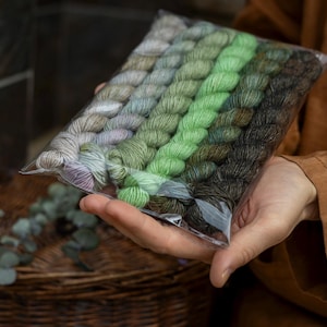 May include: A clear plastic package filled with mini skeins of yarn in a gradient of green and brown hues. The yarn is held in a person's hand, with a wicker basket and greenery in the background. The yarn is likely for knitting or crochet projects.